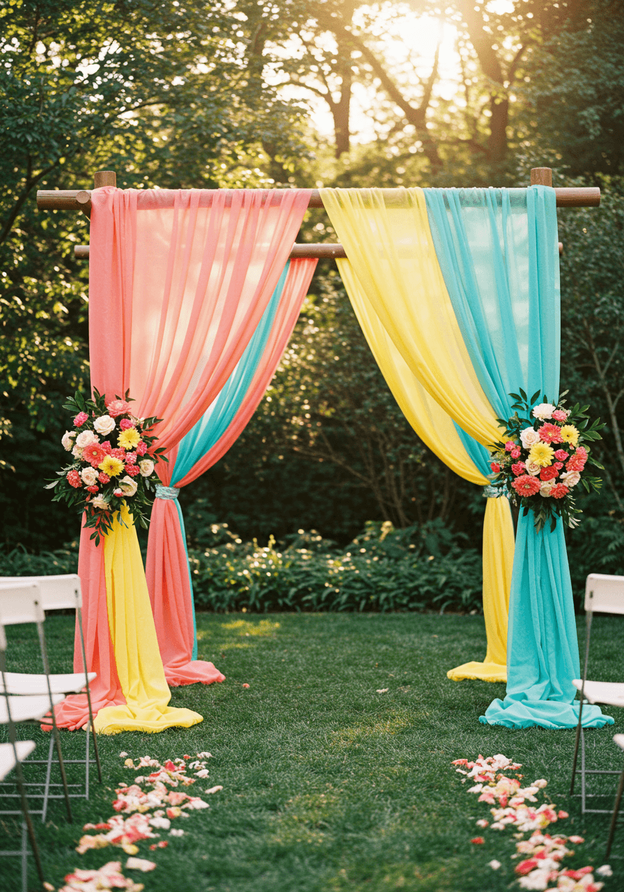 Wedding ceremony backdrop with flowing coral pink, yellow and turquoise fabric drapes during golden hour