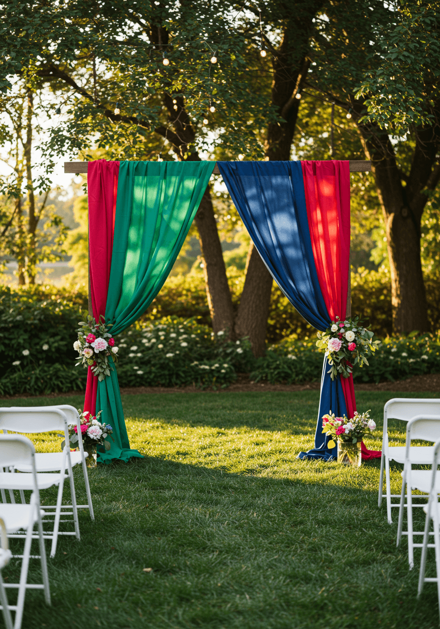Flowing silk scarf backdrop in vibrant emerald, sapphire and ruby tones draped between wooden posts