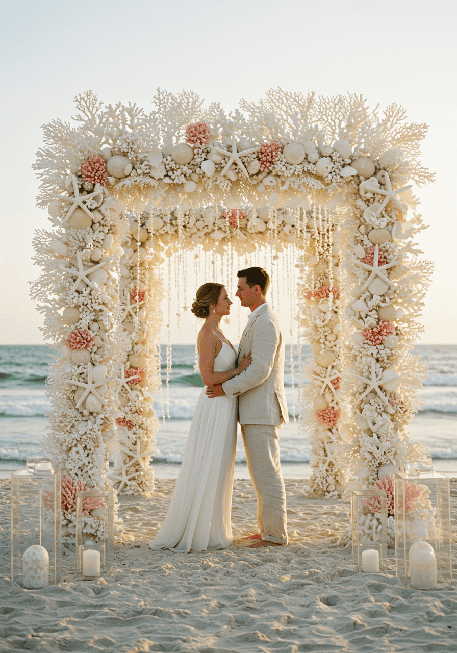 Bride and groom with elaborate wedding backdrop of white seashells and coral on beach during golden hour