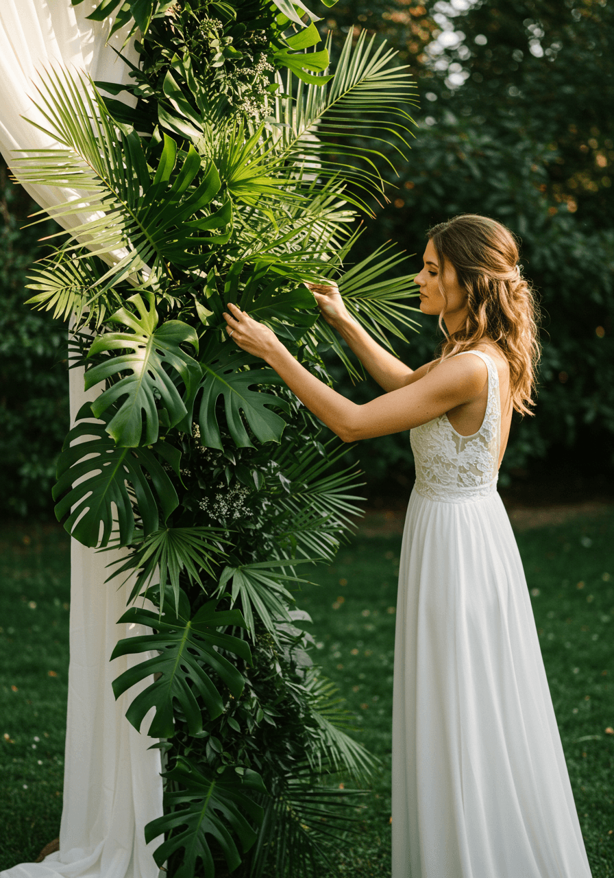 Bride in flowing white dress arranging tropical palm leaves and monstera foliage for wedding ceremony backdrop