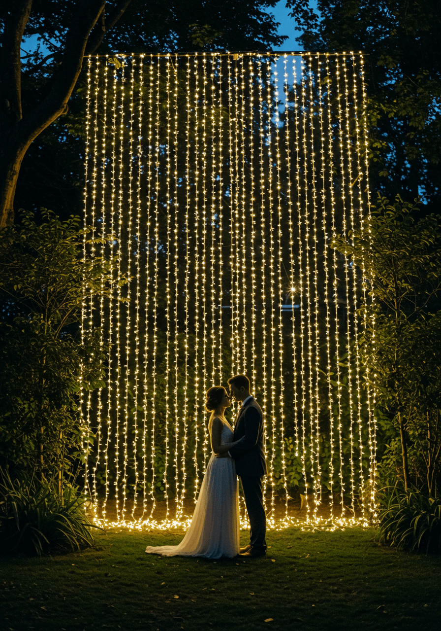 Bride and groom beneath luminous fairy light curtain backdrop cascading like waterfall during twilight wedding