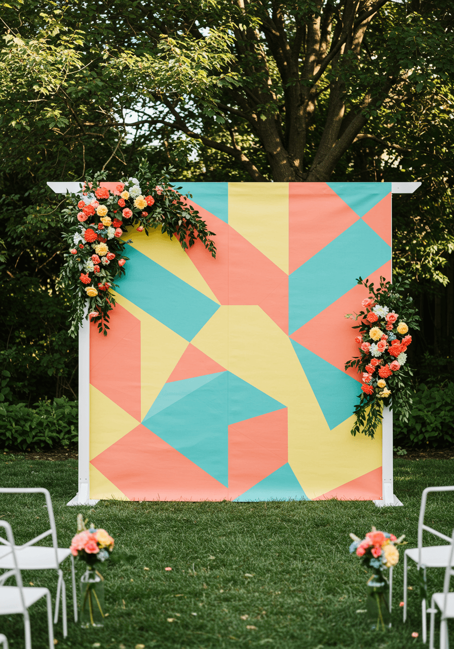 Large geometric paper backdrop with triangular patterns in coral, yellow and turquoise at garden wedding