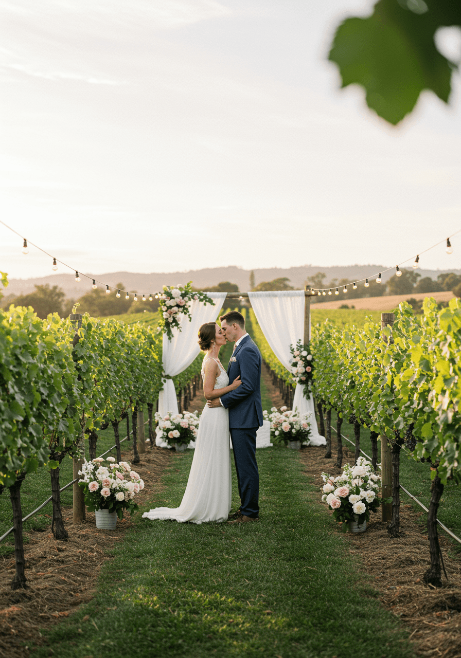 Couple in vineyard rows with elegant white draping and floral arrangements during golden hour