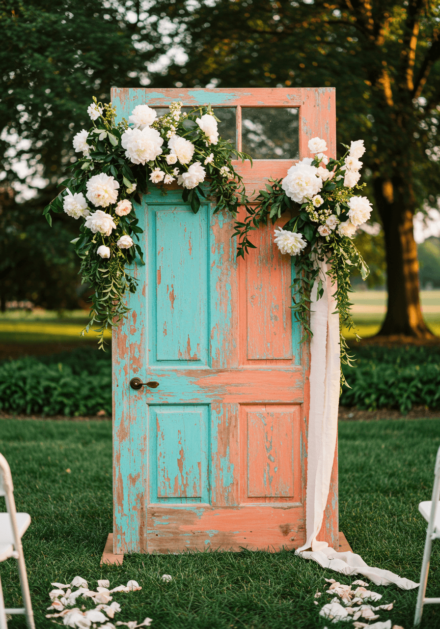Vintage wooden door painted in turquoise and coral with cascading white peonies and greenery arrangements