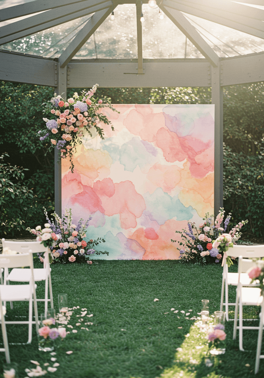 Vibrant watercolour canvas backdrop with flowing brushstrokes in pastels at elegant garden wedding ceremony
