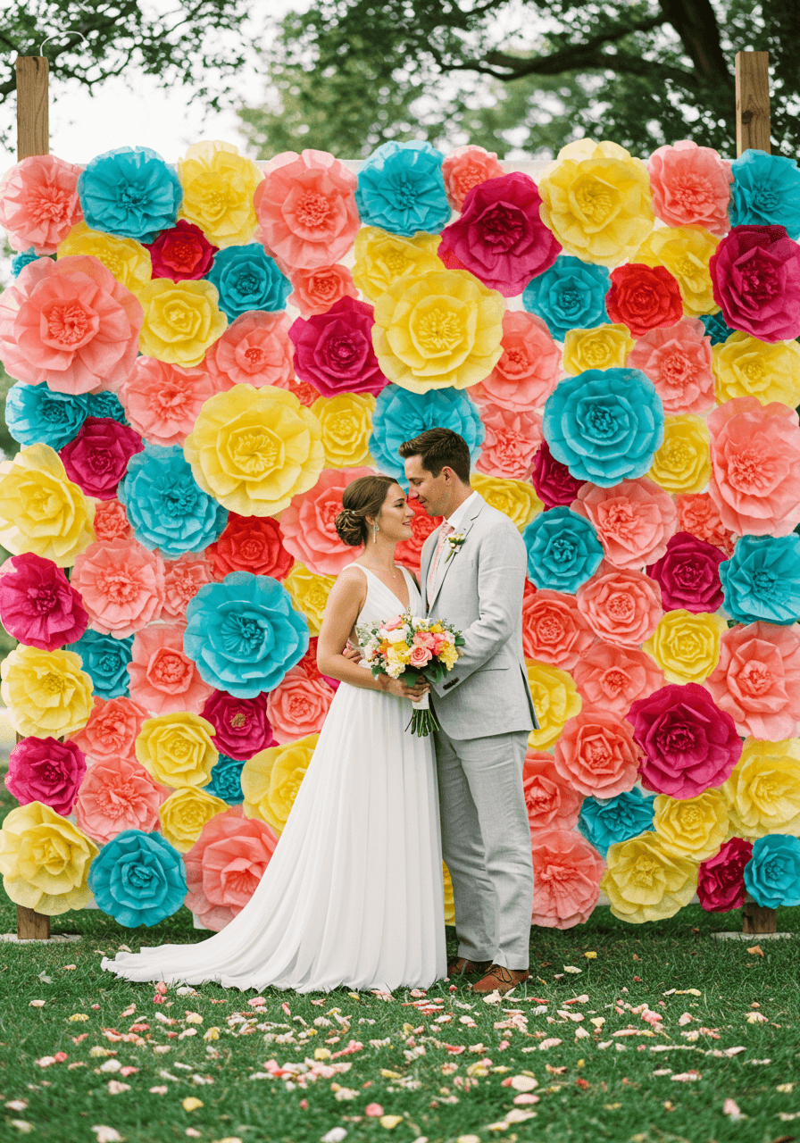 Bride and groom with vibrant wall of large tissue paper flowers in coral, yellow, turquoise and magenta