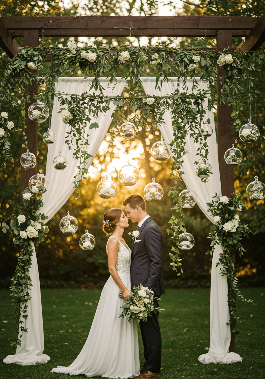 Elegant hanging glass terrarium backdrop with cascading greenery and white flowers in outdoor garden