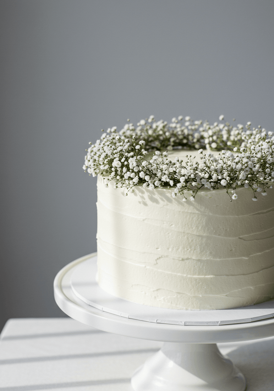 Close-up of single-tier white wedding cake with delicate baby's breath wreath around the middle on ceramic stand