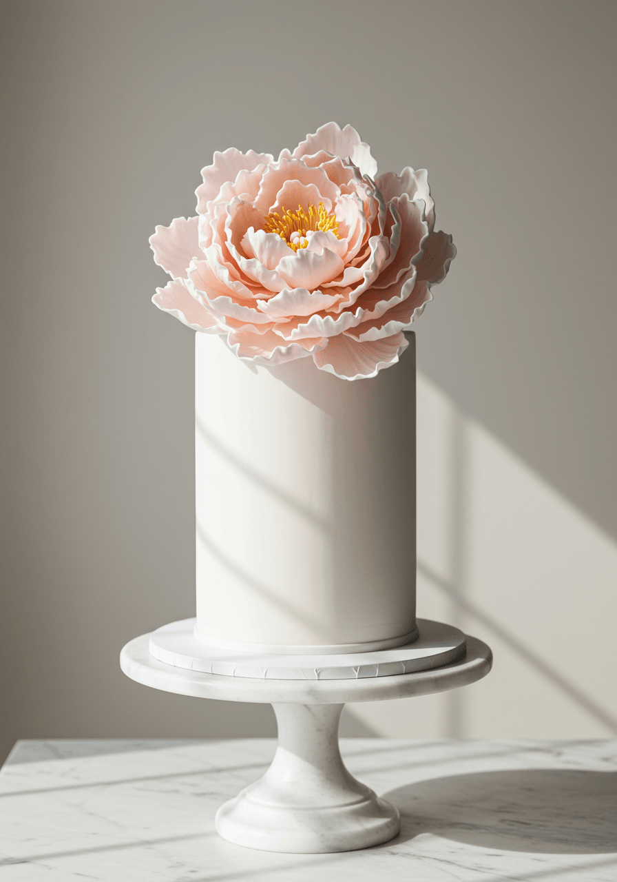 Elegant single-tier wedding cake topped with one large handcrafted sugar peony in soft blush pink on white marble pedestal