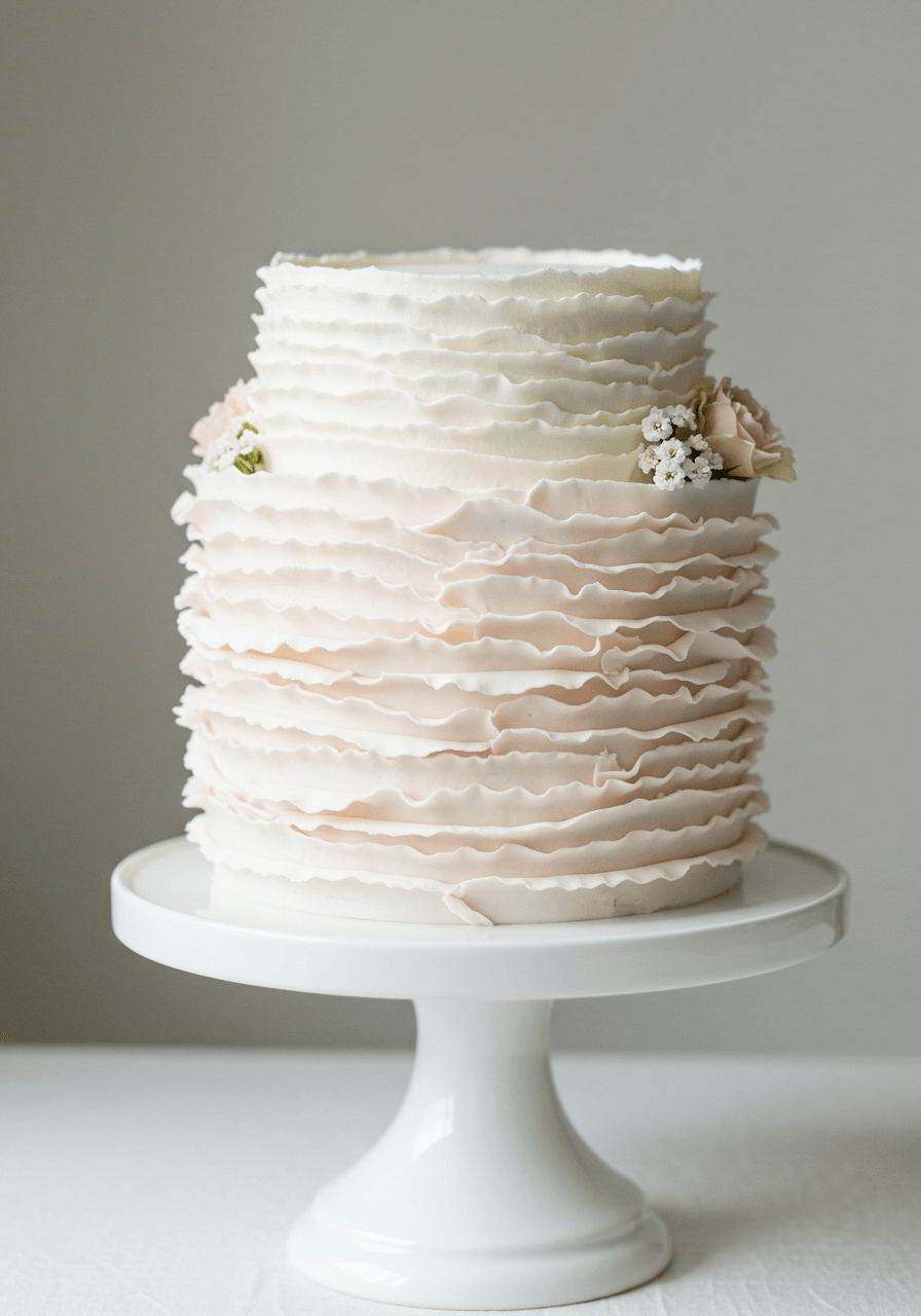 Single-tier wedding cake featuring delicate horizontal buttercream ruffles in soft layers with pale blush undertones