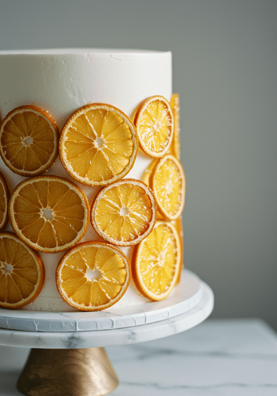 Single-tier wedding cake adorned with translucent candied citrus slices in overlapping patterns on pristine white fondant