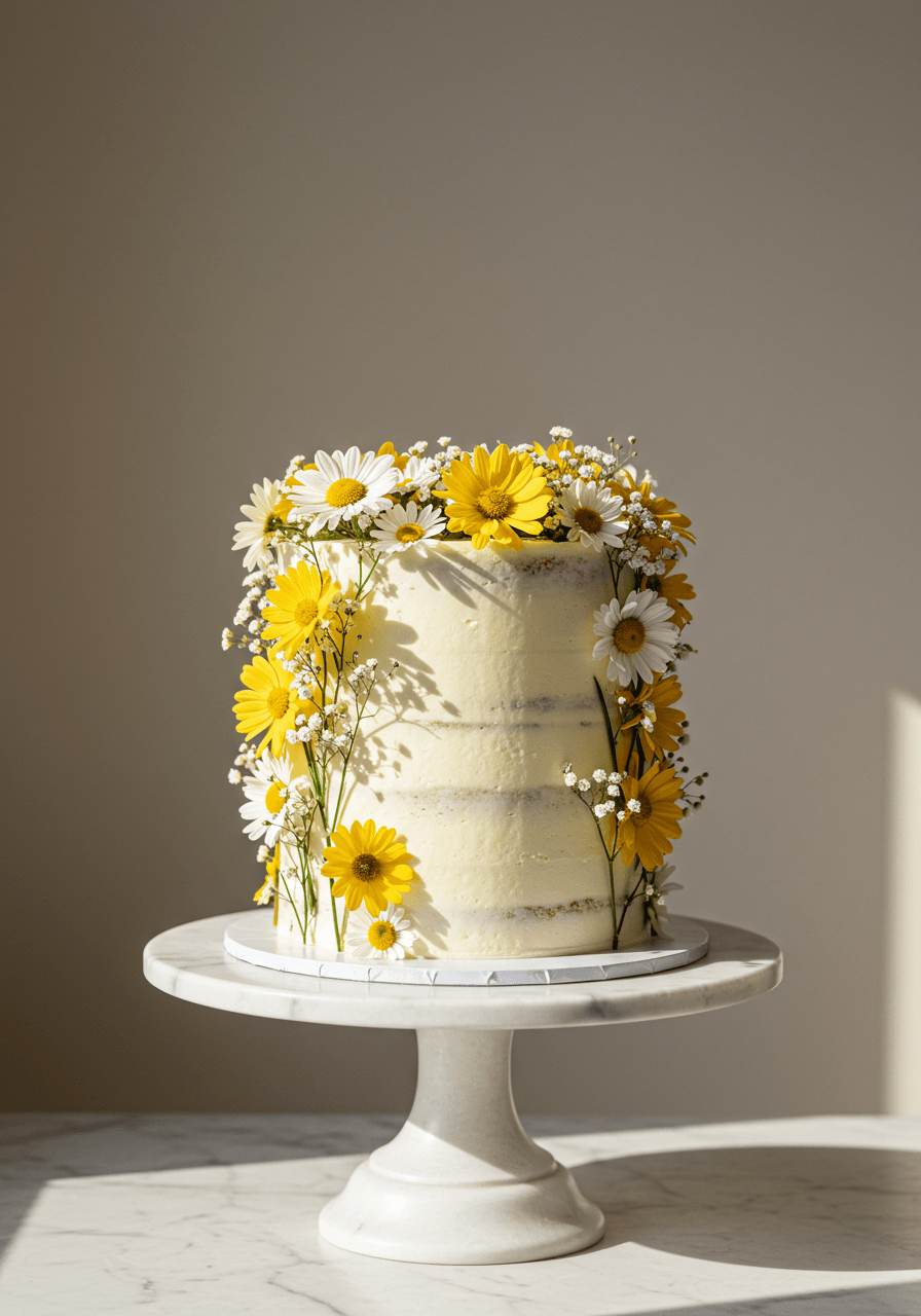 Single-tier wedding cake decorated with delicate chamomile flowers and white daisies on white marble pedestal