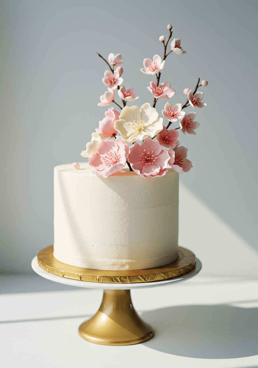Single-tier wedding cake topped with handcrafted cherry blossom flowers in pale pink and cream on white cake stand