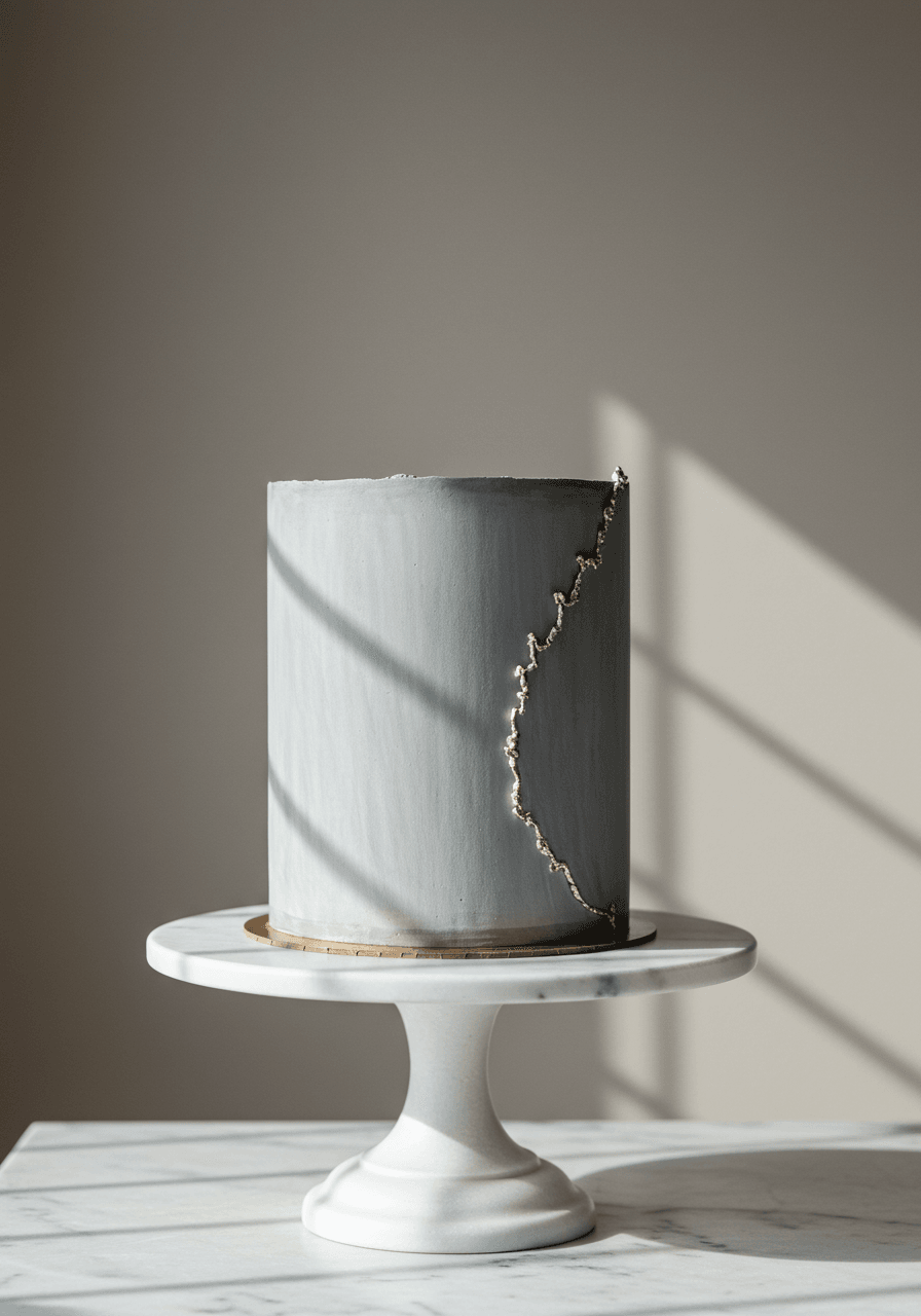 Single-tier wedding cake with perfectly smooth concrete-gray fondant on minimalist white marble cake stand
