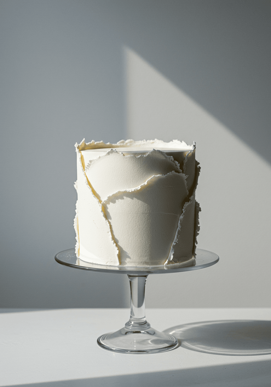 Round single-tier wedding cake with distinctive deckle edge finish showing rough torn fondant borders on glass pedestal