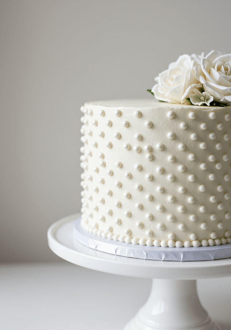 Close-up of single-tier wedding cake featuring intricate Swiss dot piping in raised white pearls creating geometric patterns