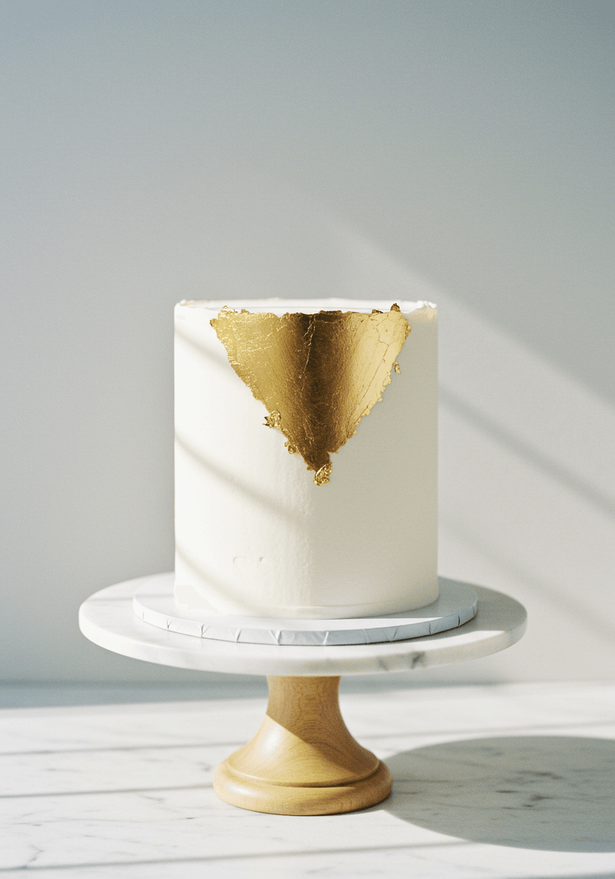 Single-tier white wedding cake with one elegant gold leaf stroke across smooth buttercream surface on marble stand