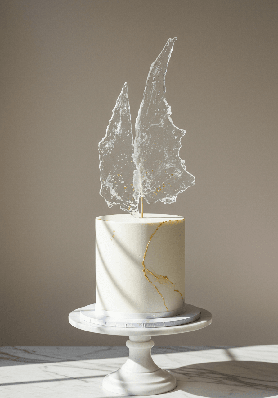 Single-tier wedding cake with elegant isomalt sail-shaped topper creating dramatic sculptural height on white marble pedestal