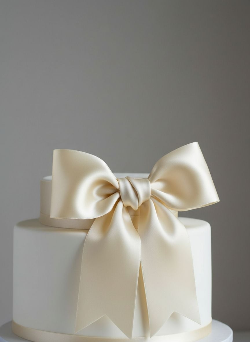 Single-tier white wedding cake adorned with one elegant ivory silk ribbon bow tied around its base in professional studio