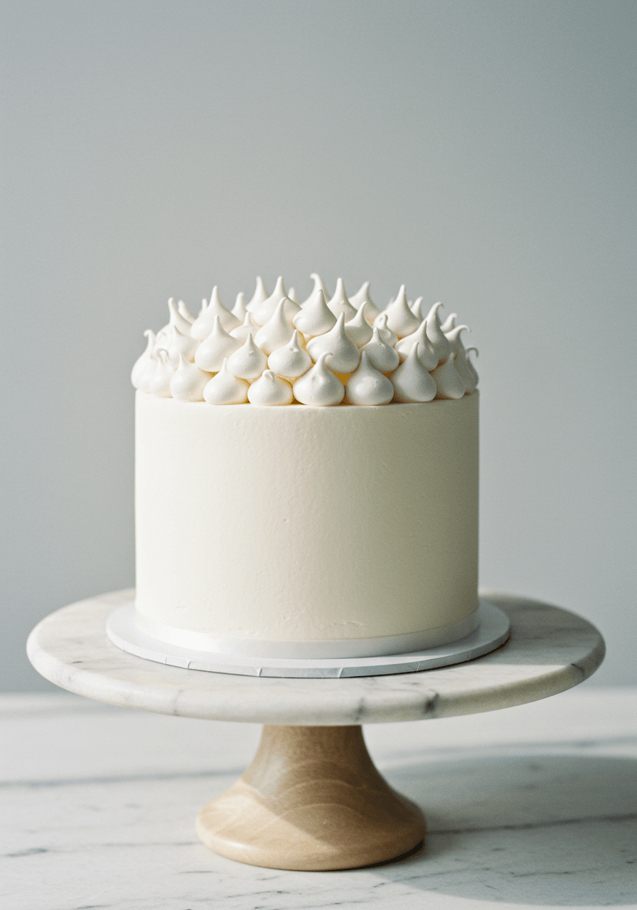 Single-tier wedding cake adorned with dozens of tiny white meringue kisses arranged like a crown around the top edge
