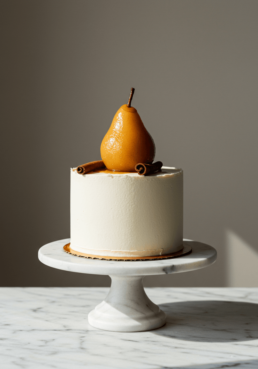 Single-tier wedding cake topped with one elegant poached pear and cinnamon stick on white marble cake stand