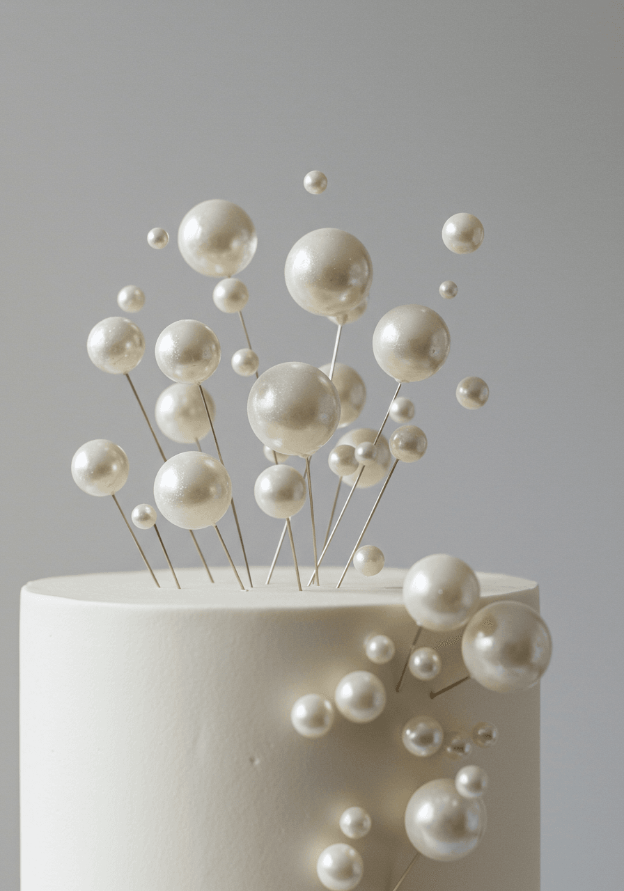 Single-tier round wedding cake with translucent sugar pearl spheres suspended at various heights creating floating bubble illusion