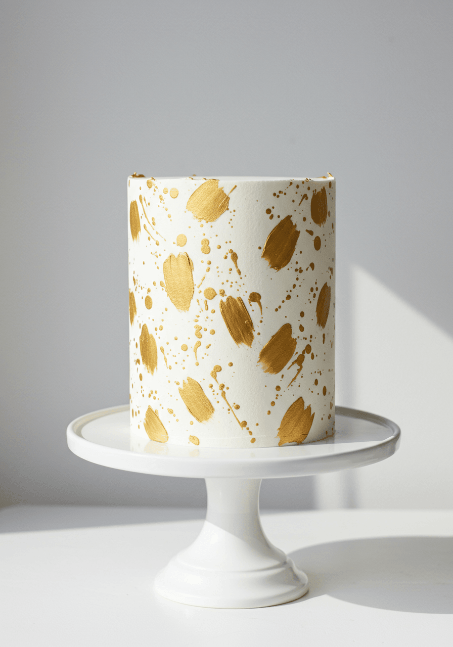 Single-tier round wedding cake with artistic gold paint splatters on pristine white surface on simple white cake stand