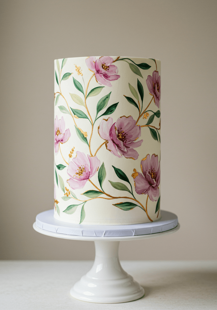 Single-tier cylindrical wedding cake with intricate hand-painted botanical vines in watercolor style on white stand