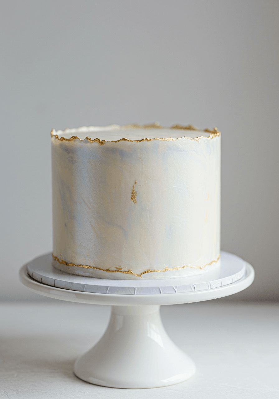 Single-tier wedding cake with delicate iridescent pearl finish and mother-of-pearl luster on white ceramic stand