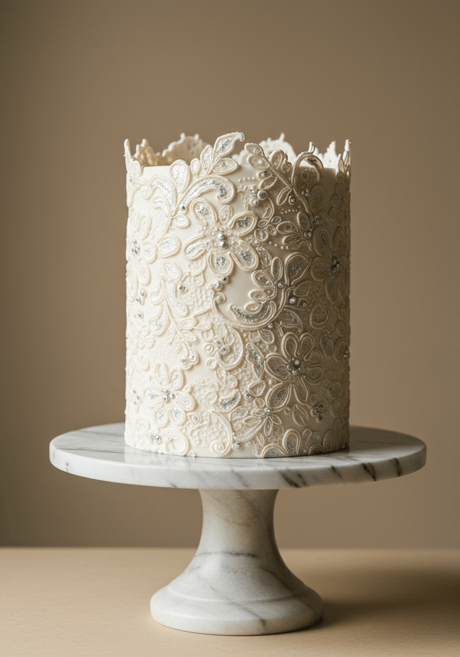 Single-tier wedding cake with intricate edible lace appliqué featuring delicate floral patterns and vintage scrollwork on marble pedestal