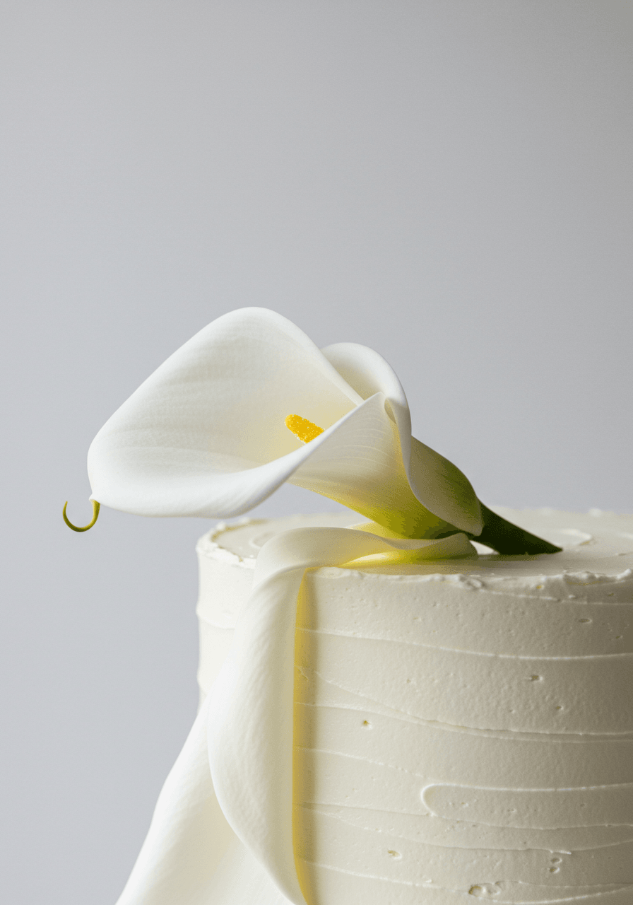 Single-tier ivory wedding cake with smooth buttercream topped with one graceful white calla lily stem draped across surface