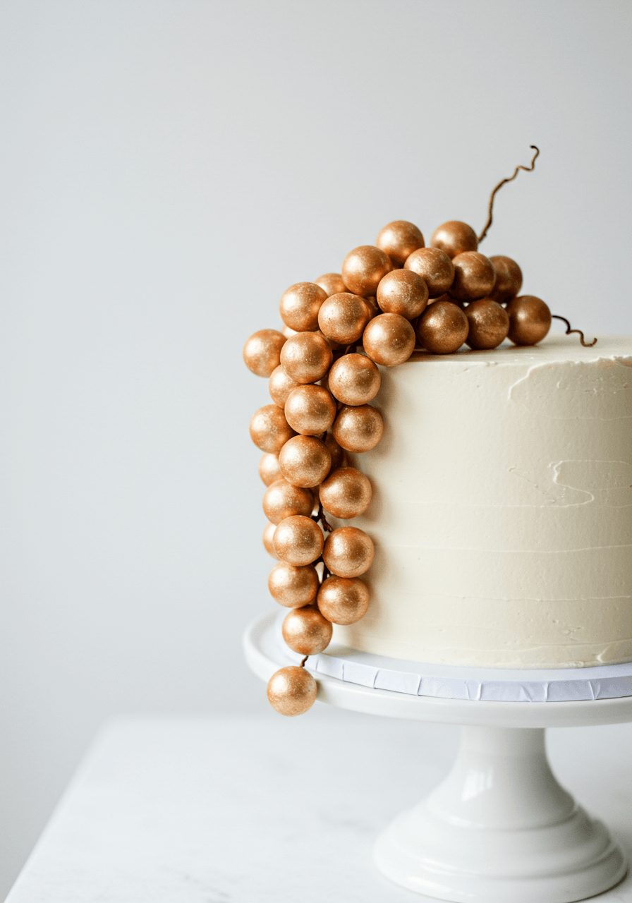 Single-tier wedding cake with ivory buttercream topped with abundant champagne-colored sugar grapes spilling over the edge