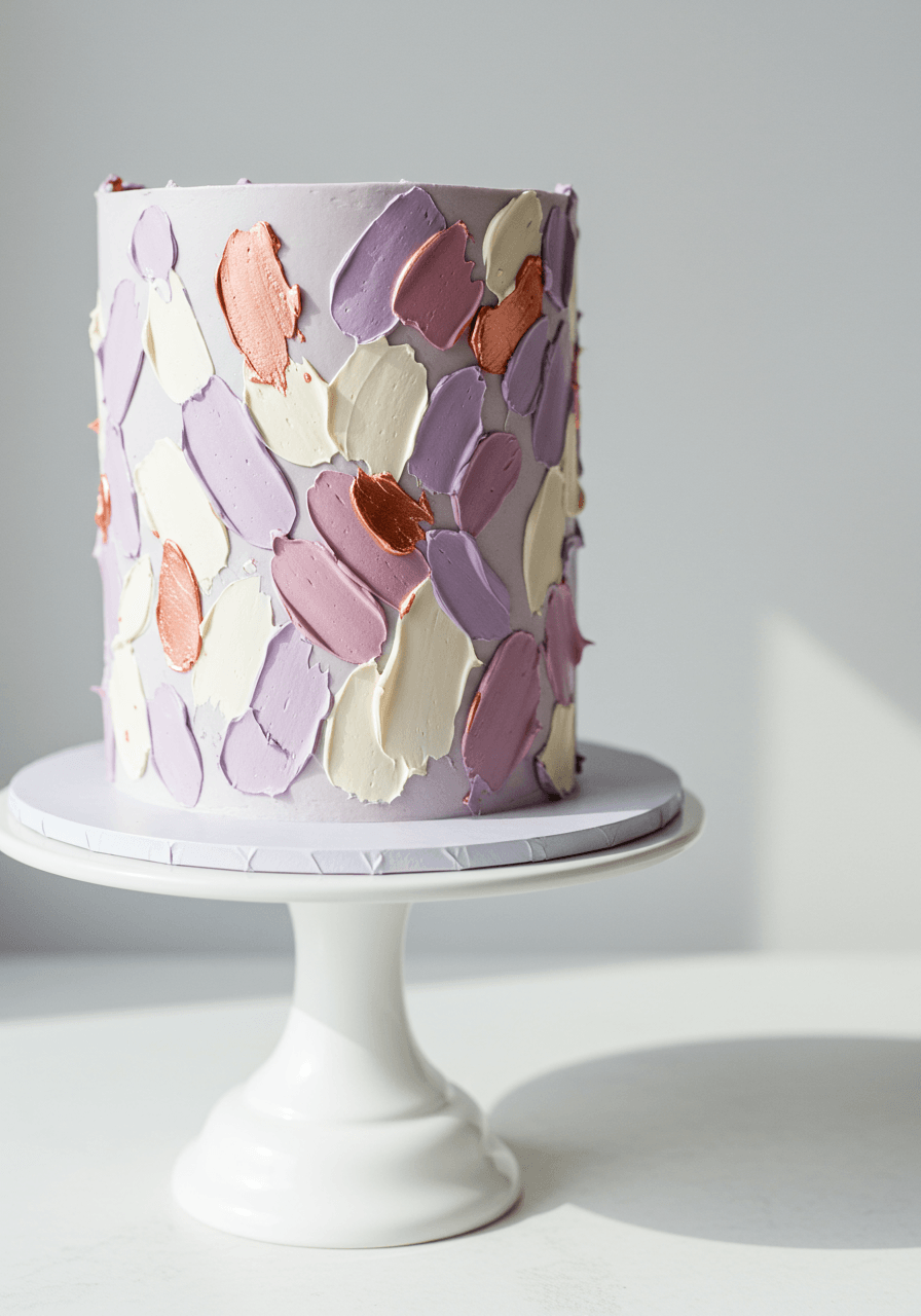 Single-tier wedding cake with abstract palette knife brushstroke design in soft lavender, ivory, and rose gold swirls