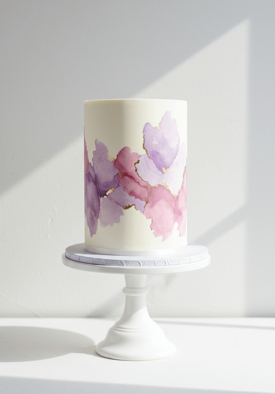 Single-tier wedding cake with soft watercolor wash effects in lavender and dusty rose on white ceramic pedestal