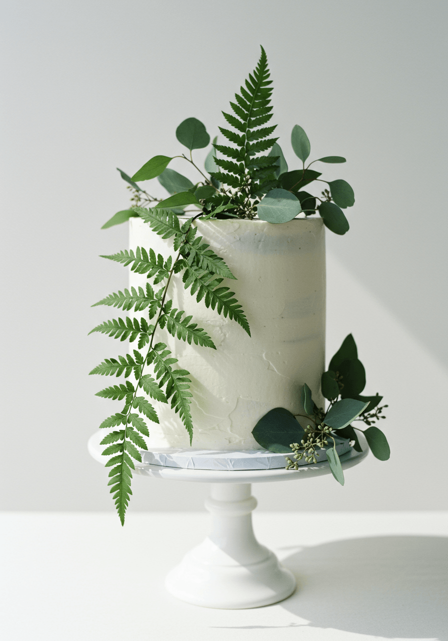 Single-tier round wedding cake decorated with cascading wispy fern fronds and eucalyptus branches on white ceramic stand