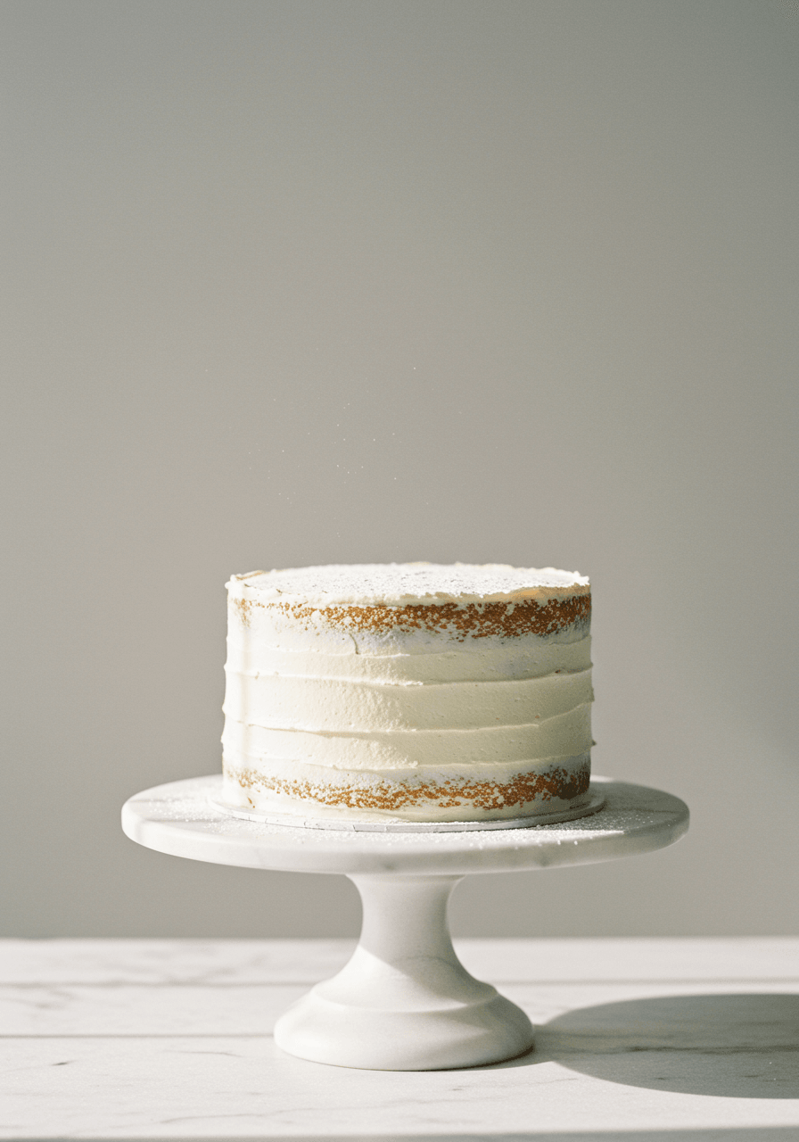 Minimalist single-tier wedding cake with barely visible frosting revealing natural cake layers underneath, dusted with powdered sugar