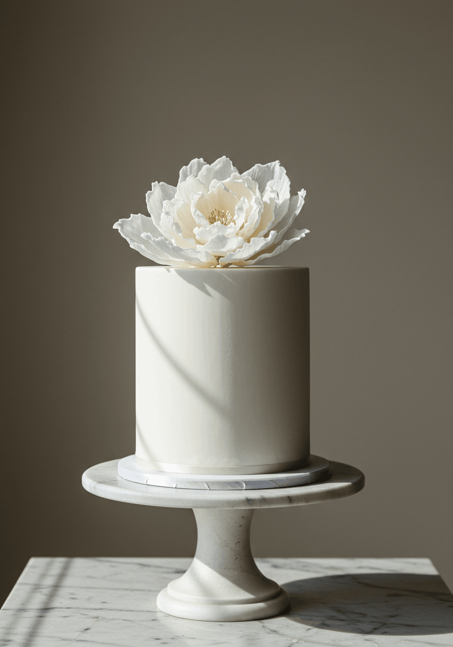 Single-tier wedding cake adorned with one delicate white rice paper flower positioned elegantly on top on marble pedestal