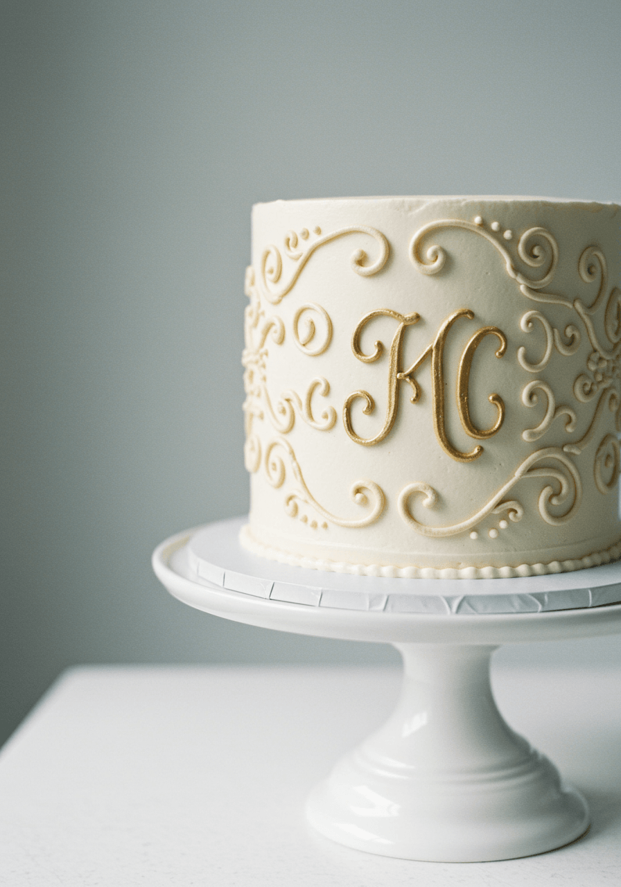 Single-tier wedding cake with hand-piped monogram letters surrounded by delicate scrollwork flourishes in gold royal icing