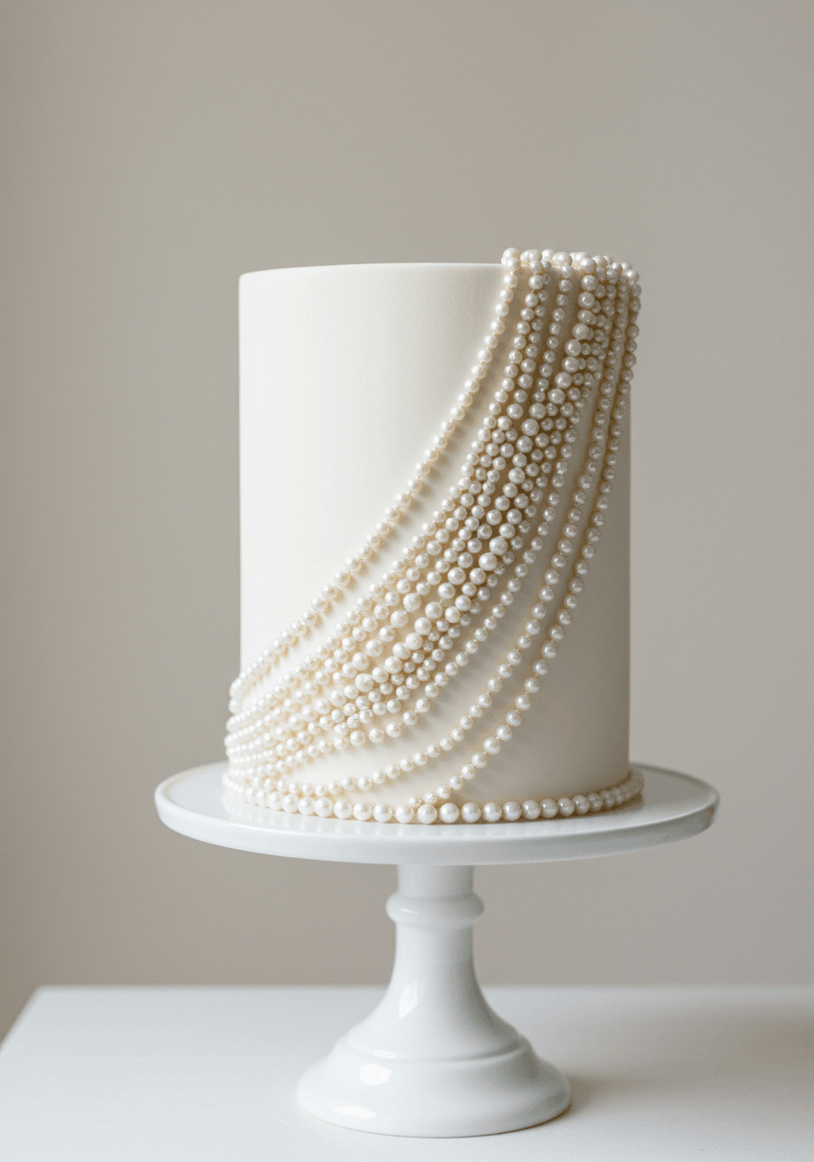Single-tier round wedding cake with delicate edible pearl beading cascading down one side on white ceramic stand