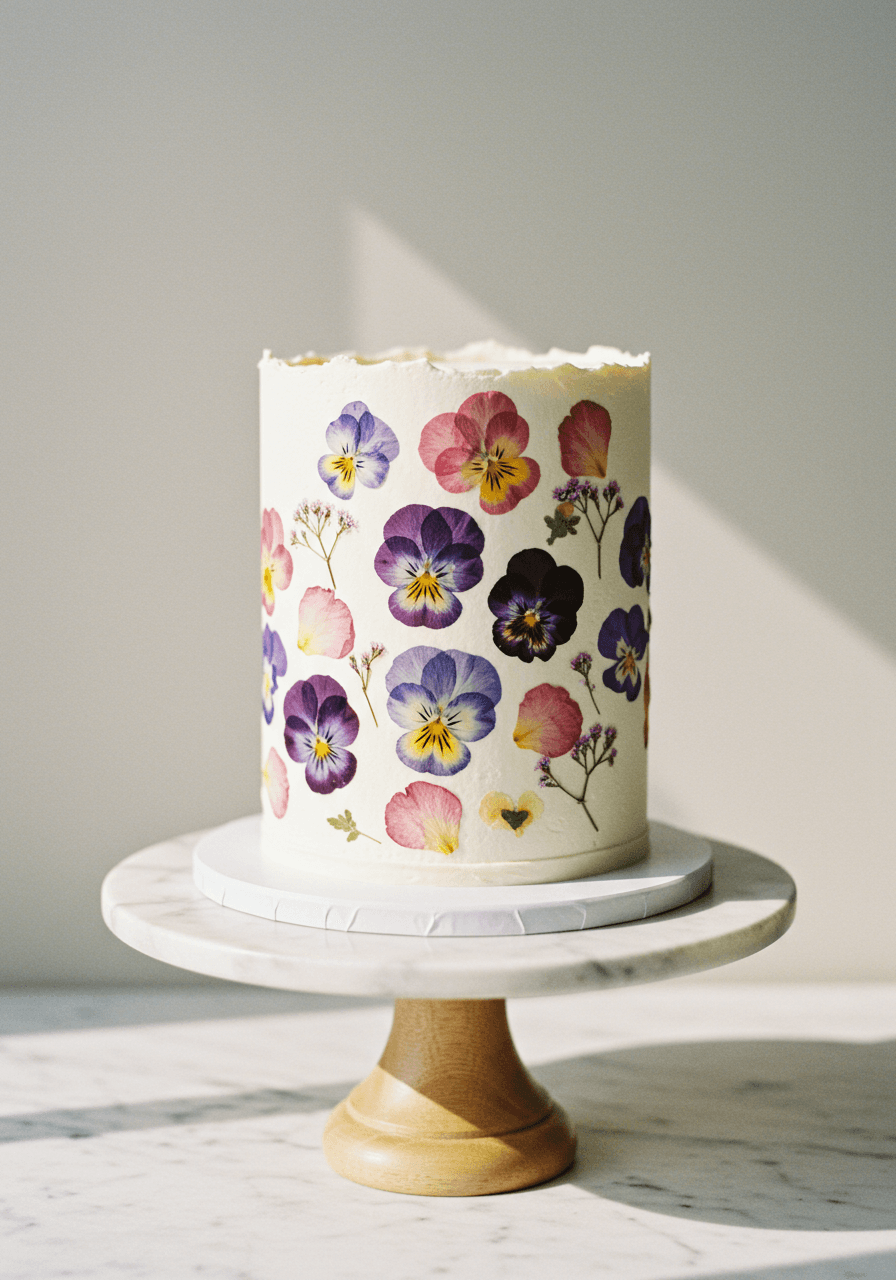 Single-tier white wedding cake decorated with delicate pressed edible flowers in purple and pink tones on marble stand