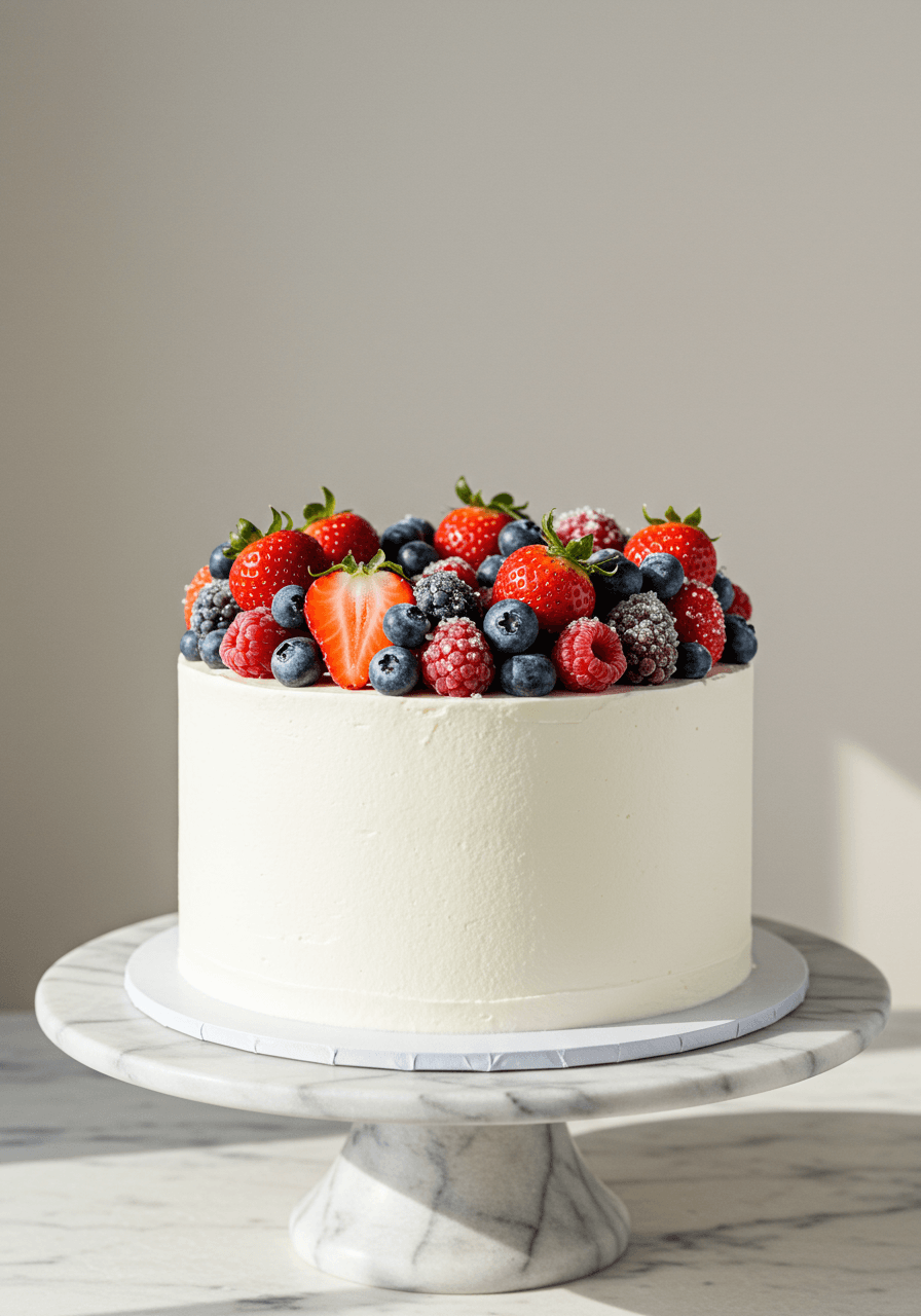 Single-tier white wedding cake topped with fresh strawberries, blueberries, and raspberries dusted with sparkling sugar on marble stand
