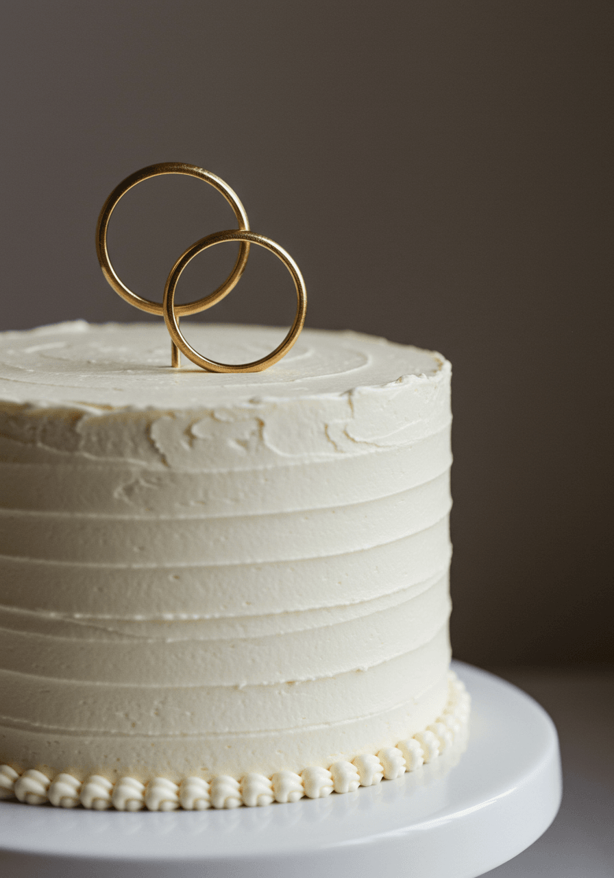 Single-tier wedding cake with two intricately detailed gold wedding bands twisted together as centerpiece topper