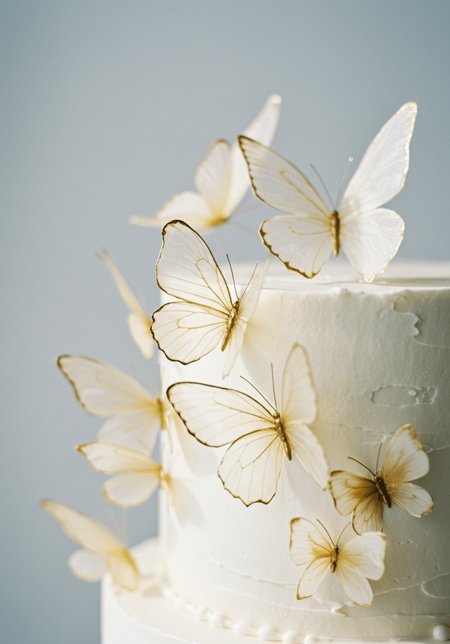 Single-tier wedding cake with whimsical sugar butterflies perched on edges and hovering above in clean studio environment