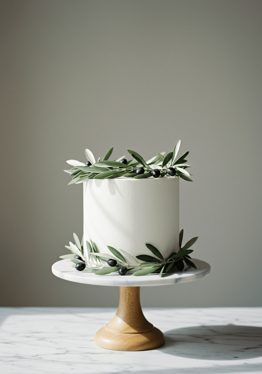 Single-tier white wedding cake adorned with delicate crown of fresh olive branches on marble pedestal
