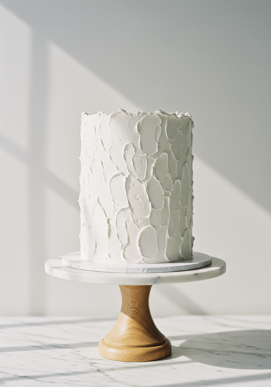 Single-tier white wedding cake with spatula-textured stucco finish frosting on marble cake stand showing organic texture