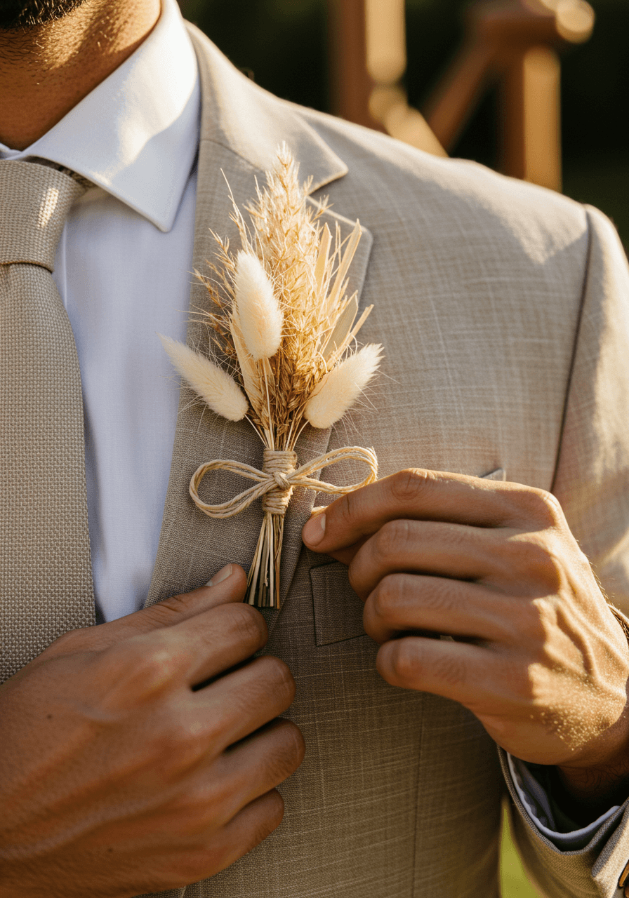 Groom adjusting bohemian pampas grass and bunny tail boutonniere on tan linen suit lapel