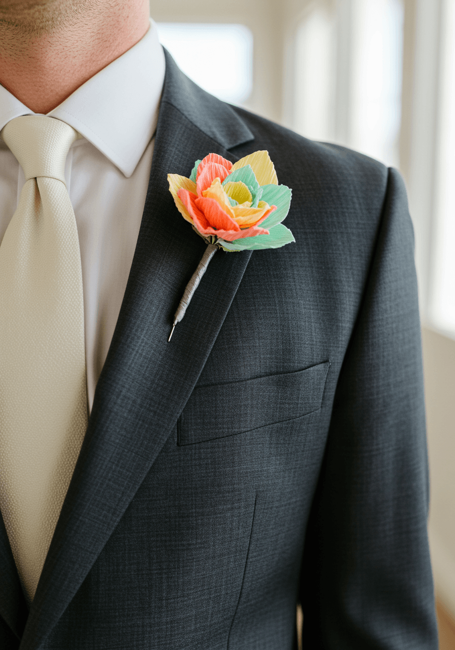 Groom in charcoal suit with colorful paper flower boutonniere in bright modern venue
