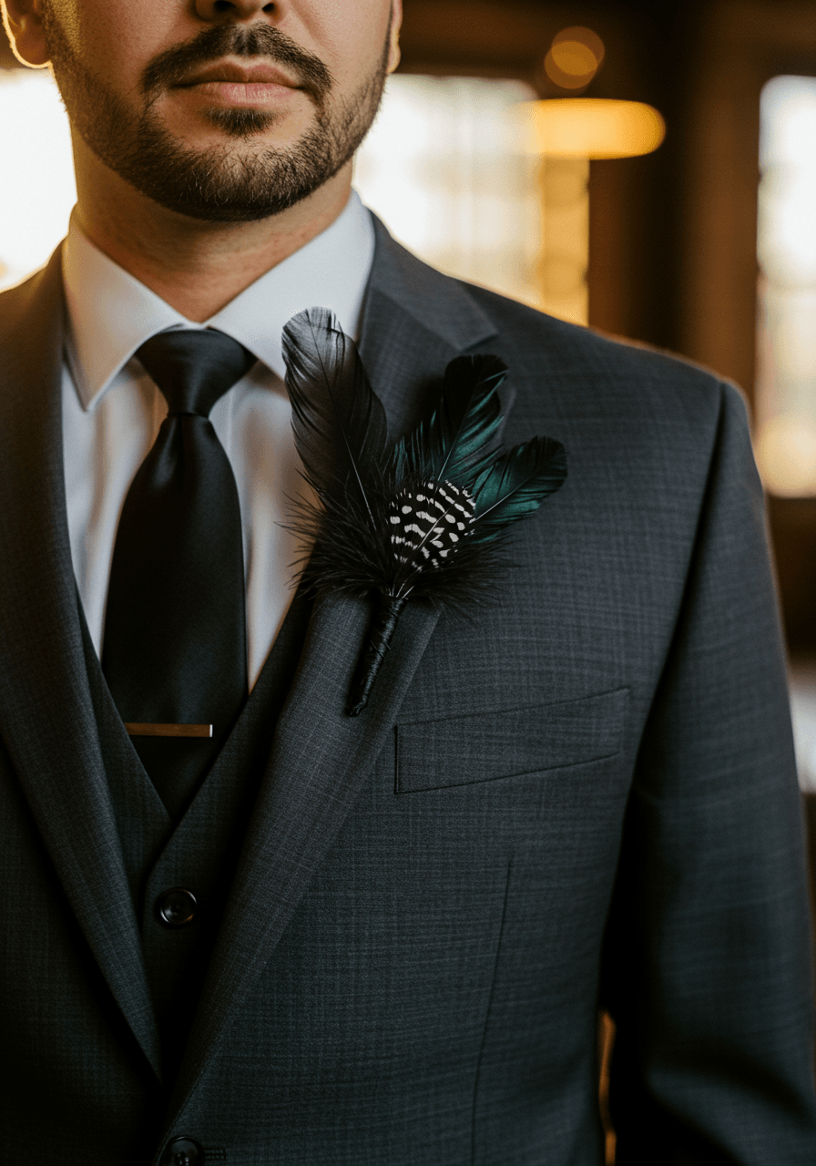 Groom in charcoal tuxedo with black feather boutonniere in urban loft setting