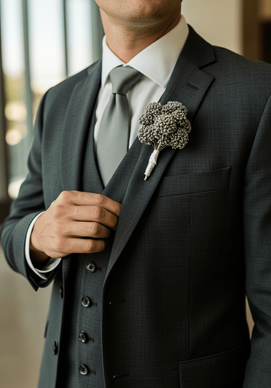 Dapper groom fastening silver brunia ball boutonniere on charcoal suit in modern wedding venue