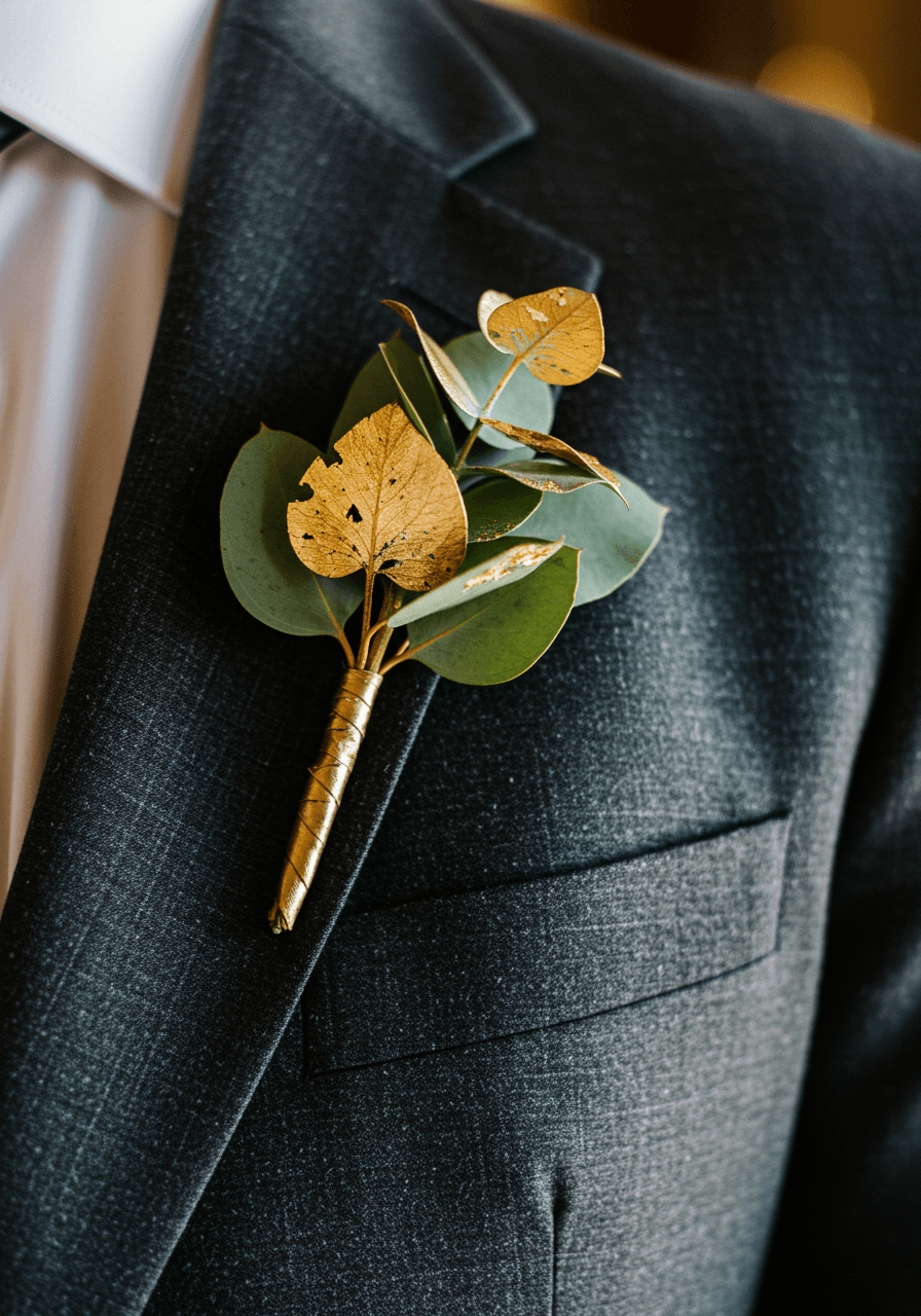 Gilded eucalyptus leaf boutonniere with gold leafing pinned to charcoal gray suit lapel